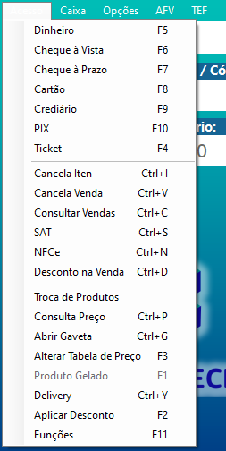menu acesso pdv
